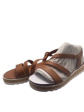 Brown Leather Platform Sandals With Cork Wedge Sole & Adjustable Strap For Women